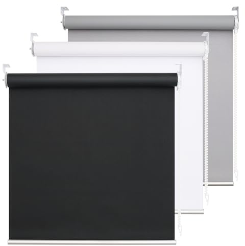 ZEEKRPRO 100% Blackout Roller Blind, UV Blocking Thermal Insulated Fabric, Child Safe, Easy to Install and Use, Fit Bathroom Kitchen Bedroom Home Office Window, Cord Control, Black 20W x 185H cm