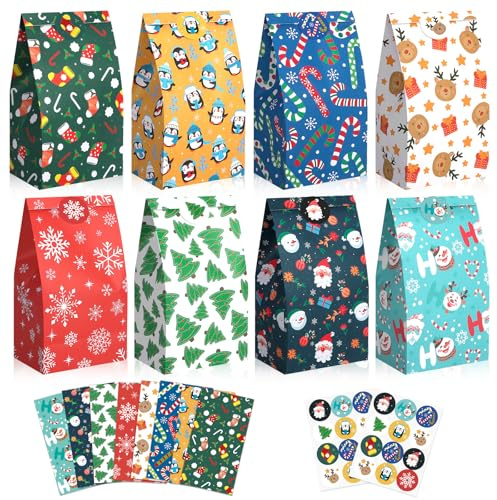 GOMANCHE 24 Stück Geschenktüten Weihnachten Klein, Papiertüten Weihnachten mit Aufkleber, Bunte Geschenkbeutel Klein Papier Tüten zum Befüllen Schokolade Süßigkeiten für Weihnachtsparty, 22x12x8CM