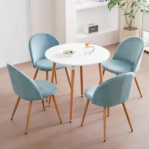 JZGORC Esszimmer-Essgruppe, Tisch und Stühle, Esstisch mit 4 Stühlen, 80 x 80 x 75 cm, Runder Esstisch aus Holz, 4 Stühle mit Hoher Rückenlehne aus Samt, Grün + Weiß