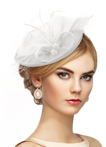 Fascinator Damen Kopfschmuck Karneval Haarreif Fasching Tea Party Hut Frauen abnehmbares Kopfband Leichter Feder Polyester Weiß