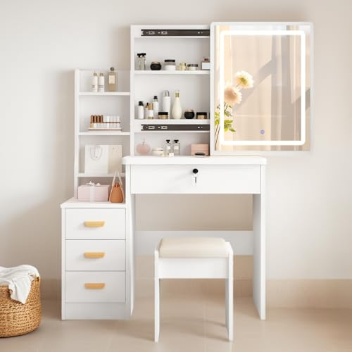 DATO Coiffeuse avec éclairage LED, 3 températures de couleur et luminosité réglable, coiffeuse avec tabouret, table de maquillage avec 5 tiroirs et 3 étagères, coiffeuse avec miroir coulissant (125)