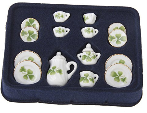 Juego de té de porcelana en miniatura, 15 piezas, blanco con trébol