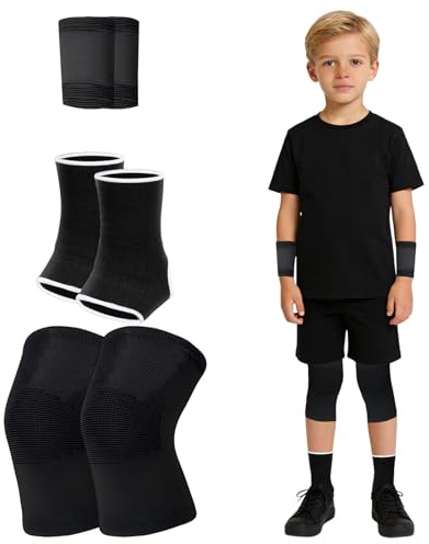 HEUIOP 3 Pack Knee Pads for Kids Child Knee Sleeve Wrist＆Ankle Support Nylon Flexible Elastic Breathable Children Youth Sports Protective Gear for Dance Running Cycling Outdoor (Black)