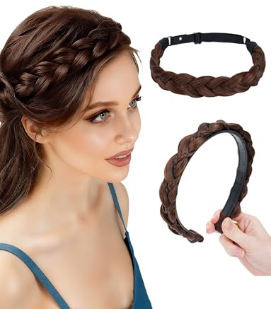 Geflochtenes Haarteil Dunkelbraunes Haarband Unordentliche, breite, voluminöse, flauschige Zöpfe Perücke mit Zahn 2-teiliges Set
