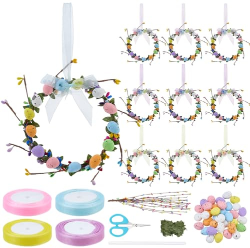 FREEBLOSS Kit di corone pasquali fai da te con anelli di candele e uova, ideale per decorare una porta d'ingresso, un armadio da cucina, un portico, una parete o una finestra include un nastro