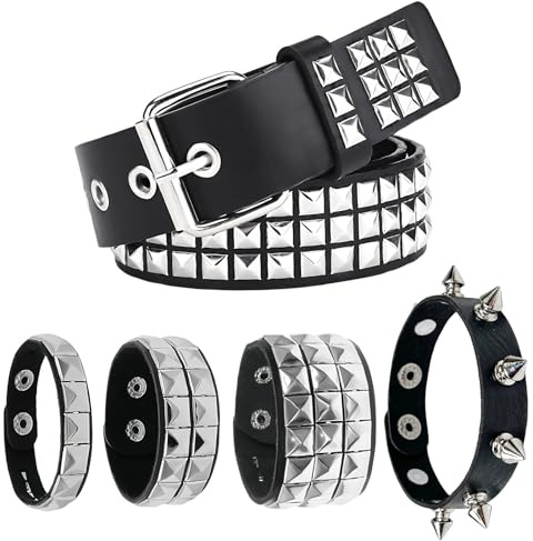 YAEGIMHT 5 Stück Punk Nietengürtel Accessoires, mit Leder Nietengürtel Nietenarmband, Studded Belt für Damen Herren, 80er Rock Accessoires für Karneval Halloween Cosplay