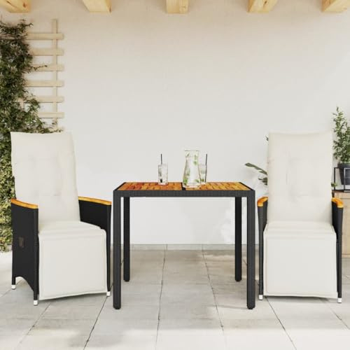 Tonture Ensemble bistro de jardin 3 pièces en polyrotin noir, fauteuils de relaxation réglables, table en bois d'acacia, coussins blanc crème, résistants aux UV et aux intempéries, pour balcon