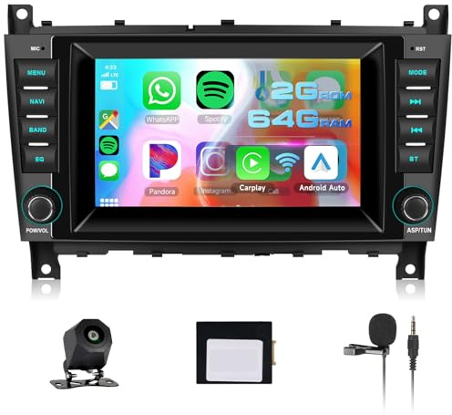 4 Núcleos 64G Hodozzy Carplay Radio Coche para Mercedes Benz Clase C W203 Clase CLC W203, Pantalla Táctil de 7 Pulgadas con Android Auto/DSP/GPS/WiFi/RDS/FM/Bluetooth/USB/SWC