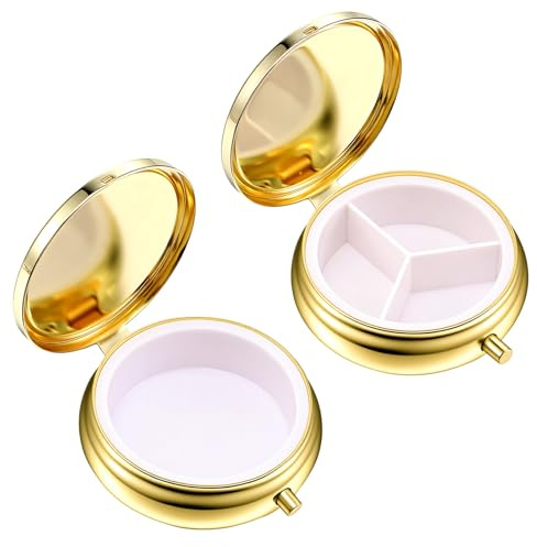 Wanmu 2Pcs Mini Pill Box 3 Compartment Round Small Pill Case 1 Compartment | Cute Travel Pill Organizer, Waterproof Metal, Pills Container Holder, for Vitamins, Medication, Fish Oil Supplements, Gold