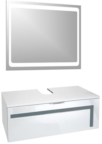 Vladon Meuble sous Vasque Lavabo Aloha V2, Corps en Blanc Mat/Façades en Blanc Haute Brillance avec Un décor en Gris Haute Brillance, avec Vasque à Poser et Miroir LED