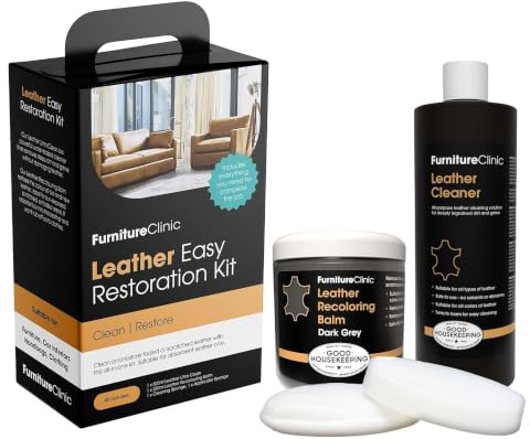 Furniture Clinic Easy Leather Restoration Kit (Dark Grey) | Includes Recolouring Balm, Ultra Clean, Sponge & Cloth for Furniture, Car Seats, Shoes & Bags