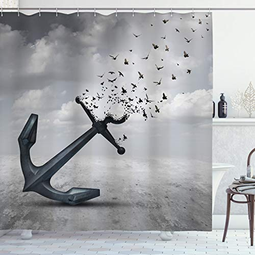 ABAKUHAUS Anker Duschvorhang, Flugwesenseemöwen Dunkelgrau, Stoffliches Gewebe Badezimmerdekorationsset mit Haken, 175 x 220 cm, Dunkelgrau
