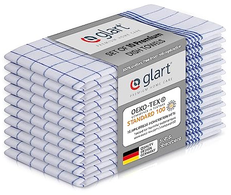 Glart 48KB2 Geschirrtücher 10er Set 50x70 cm blau kariert – 100 % Baumwolle, OEKO-TEX zertifiziert, vorgewaschen, saugstark, waschbar, langlebig, mit Aufhänger, für Haushalt, Küche, Gastronomie, Büro
