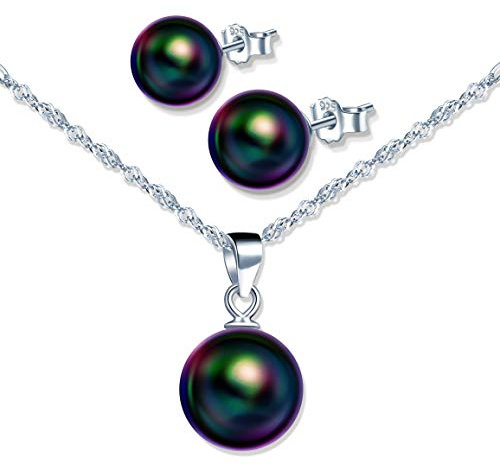 Yumilok Kette Damen Halskette Damen Ohrstecker Ohrringe Perlohrstecker Vintage Schmuck Sets mit Weiß Perle aus 925 Sterling Silber