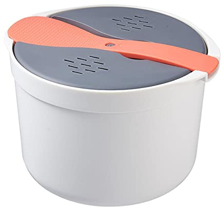 Pomrone Olla Arrocera para Microondas, Olla Arrocera Al Vapor para 2L con Tapa Coladora y Cuchara para Arroz, Recipiente Multifunción para Microondas, Cocina Casera, Utensilios Cocina