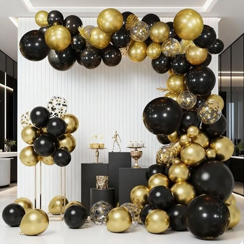 SANERYI Luftballons Gold Schwarz Girlande Kit 140stk Konfetti Ballonbogen Metallic Geburtstag Ballon Set für Bar Deko Abschluss Hochzeit JubiläUm Babyparty Party Hintergrund Dekorationen