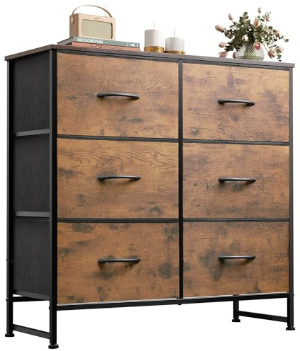 WLIVE 6 Drawer Dresser for Bedroom, Fabric Double Dresser, Storage Tower with Fabric Bins, Chest of Drawers for Closet, Living Room, Hallway, Rustic Brown Wood Grain Print