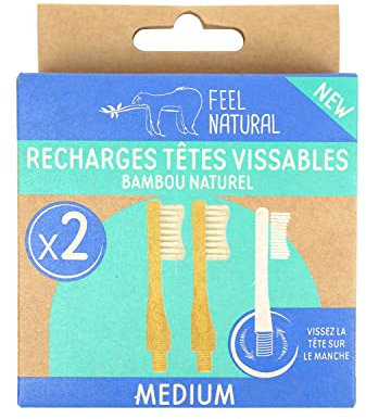 Feel Natural - Recharge Brosse à Dents vissable en Bambou Naturel à Tête Vissable - Dureté Medium - Lot de 2