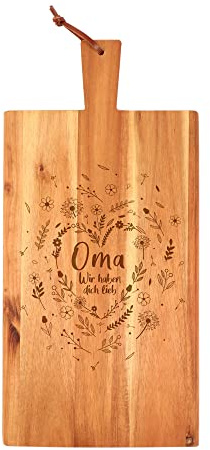 Holz Schneidebrett mit Griff für Oma, Frühstücksbrettchen mit Blumenherz Gravur, Geschenk für Oma zu Weihanchten, Geburtstagsgeschenk für Frauen, Akazienholz Vesperbrett, Brotzeitbrett Küchenzubehör