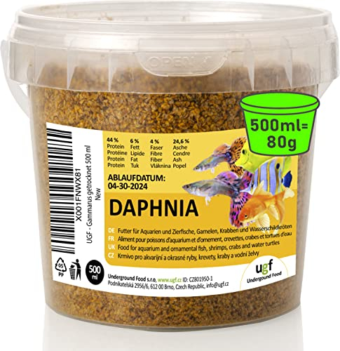 UGF - Premium Daphnia Wasserflöhe - 80g im 500 Milliliter Eimer, Getrocknet Fischfutter Aquarium, Aquarium Futter, Snacks für Zierfische