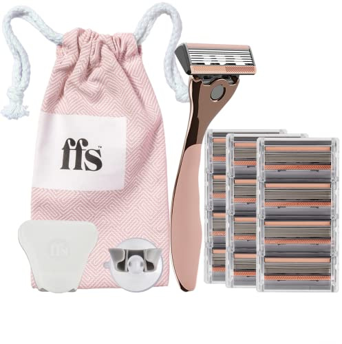 FFS Beauty Rose Shaving Set for Women 3-6 Month's Supply – Premium Rose Razor Handle, 12 SmoothGlide 6-Blade Cartridges, Shower Holder, Travel Pouch, Clamshell Protector