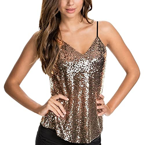 Damen Tops Pailletten Glitzer Oberteile Pailletten Tank Tops Party Weste Ärmellos Tunika Weste Damen Sequin Trägertops Verstellbare Träger top Spaghettiträger Pailletten Tops Blusen (Gold, L)