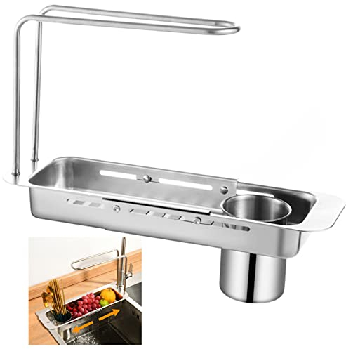 HOJKMA Spülbecken Organizer Teleskop Küchenspüle Caddy, über die Spüle einstellbar Veranstalter mit Geschirrtuch Handtuchhalter & Rückstandsfilter Edelstahl Schwamm Halter Organisator