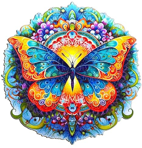 Funnli Holzpuzzles für Erwachsene und Kinder,Einzigartige Pflanze Holz-Puzzle (Mandala Schmetterling), Puzzle aus Pflanzen (S-20.7 * 20.2cm-90pcs)