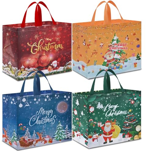 AhfuLife 4 Stück Geschenktüten Weihnachten Groß, 40 * 36 * 15CM, Non Woven Weihnachtstaschen Weihnachtstüten mit Griffen, Wiederverwendbare Weihnachtsgeschenktüten, Weihnachts Geschenktüten