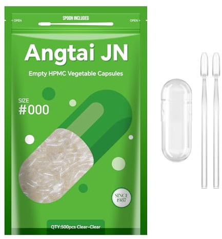 Angtai JN Capsule Vuote Vegetali Taglia 000- Chiavi Capsules per Riempimento con 2 Micro Cucchiai, Fai-Da-Te Compatibili con Dimensioni di Riempimento Capsule 000, 500 unità