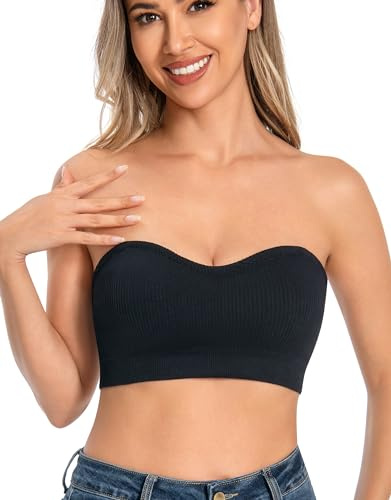 ANGOOL Damen Trägerloser BH Push Up ohne Bügel Bandeau Top Damen Gepolsterter Seamless Ribbed Rutschfestes Silikon mit Transparenten Trägern