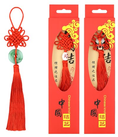Lot de 3 pendentifs porte-bonheur en forme de nœud chinois perle de visage d'opéra de Pékin et pompon rouge pour la richesse et la bonne fortune cadeau