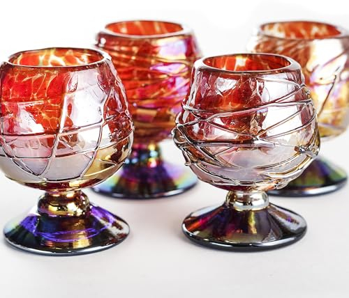 MEXTEQUIL - Authentic Mexican Tequila Hand Blown Shot Glasses - Set of 4-2 oz - Mini Glass Snifters - Heavy Base - Cognac (Diamond)