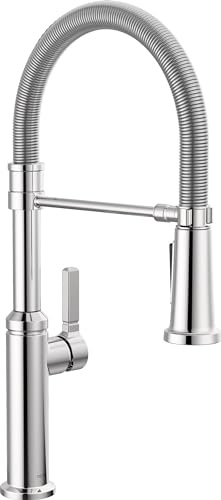 Delta Rhett Pro Style Commercial Kitchen Faucet with Pull Down Sprayer, Chrome Single Hole Kitchen Sink Faucet, Single Handle, Chrome 18829-DST