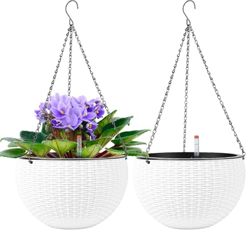 CPROSP 2 delar 28 cm självbevattningskruka hängande med vattennivåindikator, självvattnande blomkruka, blomampel, hängande blomkrukor med dräneringshål, blomkruka vattenbehållare med kruksystem