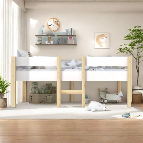 Sapgaks Barrera Seguridad niños Cama Litera Infantil Cama litera Matrimonio con protección anticaídas, Madera de Pino Maciza, 90 x 190 cm, Color Blanco y Roble