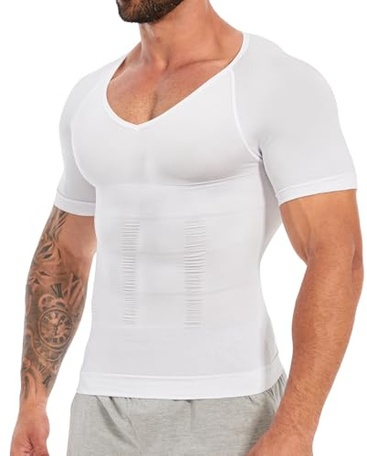 SLIMBELLE Chemise de Compression pour Homme - Sous-vêtement Amincissant Élastique - T-shirt de Compression avec Col en V - Contrôle du Ventre et de la Taille - Top de Compression pour Homme, blanc, XL