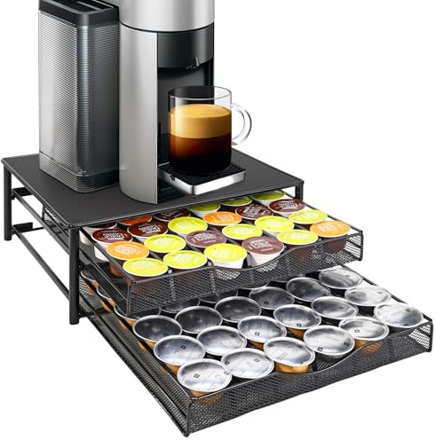 Vinsani 2 Tier Coffee Pods Holder for Dolce Gusto, Holds 72 Capsules | Durable Metal Coffee Pod Storage Drawer, Large Capacity, Space-Saving Rack & Anti-Vibration Design - Black