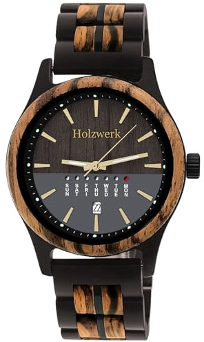 Holzwerk Germany Handgefertigte Herren-Uhr Öko Natur Holz-Uhr Holz Armband-Uhr Braun Blau Buche Gold Schwarz Silber Zebra Bunt Muster Analog Quarz-Uhr Datum und Wochentag Anzeige