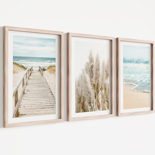 Novart Wandbilder Set mit Rahmen - Strand Meer Boho - KOMPLETT AUFHÄNGFERTIG - Wohnzimmer Schlafzimmer Flur Deko - 3 Moderne Bilder Beige Blau - N004835aR1