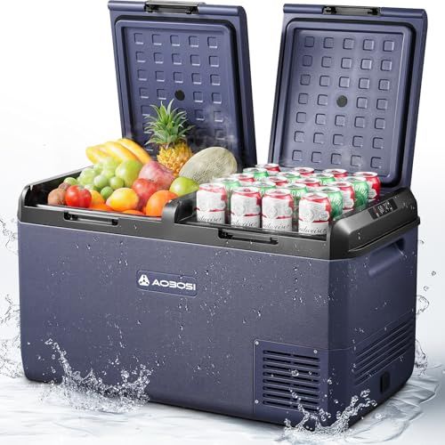 AAOBOSI Nevera Portatil: IPX4 Nevera Coche 75L, 20 °C a -20 °C Nevera 12v Compresor con WiFi Aplicación Controlar, Doble Zona Nevera Portatil Electrica para Hogar, Camping, Viajes, Pescado