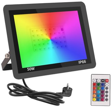 Fosingut RGB Focos Led Exterior,50W Foco Proyector LED Exterior Regulable con Control Remoto,Impermeable IP66 Lámpara RGB Foco Led Interior 16 Colores 4 Modos Para Fiesta,Jardin,Navidad,Paisaje Deco