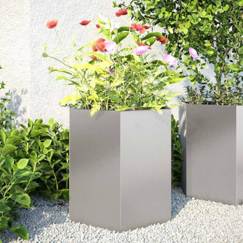 2er-Set Pflanzkübel, Hochbeete aus Metall, Offener Boden Pflanzkasten Blumenbett Kräuterbeet Blumenkasten Pflanzbeet für Garten, Balkon & Terrasse, Sechseckig 46x40x45 Edelstahl
