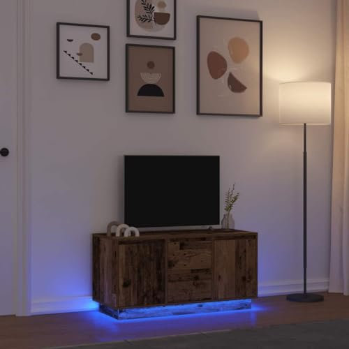 Rantry Meuble TV avec lumières LED bois antique, 100 x 41 x 50 cm, meuble TV meuble bas pour TV pour table de salon industrielle, support TV salon