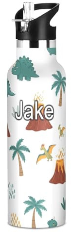 Borraccia personalizzata per bambini con cannuccia, 590 ml, bottiglia d'acqua isolata sottovuoto in acciaio inox per bambini per viaggi o scuola, senza BPA, motivo: Palm Dino bianco