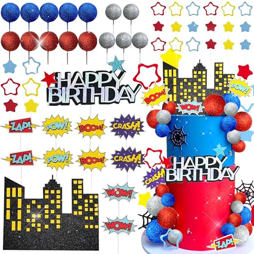 51PCS Superhero Birthday Cake Decoration Superhero Party Favors | Superhero Cupcake Cake Decoration Spider Cake Decor Spider Birthday Party