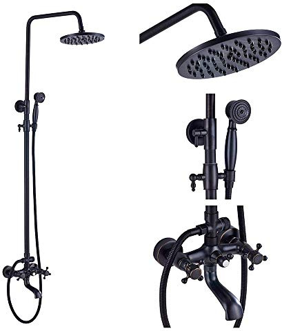 8 Inches Round Brass Shower System Antique Shower Faucet Set Wall Mounted Multi-Functional Bathroom Shower Combo Set With Handheld Shower, Shower Head, Bathtub Faucet