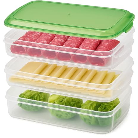 Checkmart Stackable Lunch Boxes – 3 Compartment Cold Meat Storage Containers for Fridge, Large 1.5L + 2 x 1L, Microwave & Dishwasher Safe, Food Organizer for Deli, Cheese, Veg
