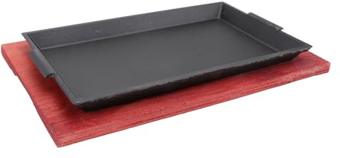 iplusmile 1pezzi Padella in Ghisa Rettangolare con Base in Legno Teglia per Barbecue e Forno Antiaderente Adatta per Cucina a Induzione e a Gas per Bistecche e Cucina Giapponese Conduzione c