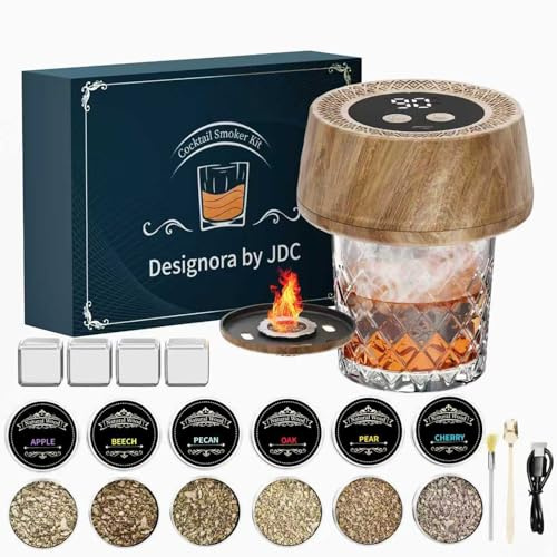 Electric Whiskey Smoker Kit,Rechargeable Cocktail Smoker Kit with 6 Wood Chips,Portable Whiskey Smoker Set with LED Light, 4 Whiskey Stones,Built-in Lighter,Whiskey Gifts for Men,Dad,Husband (Wood)